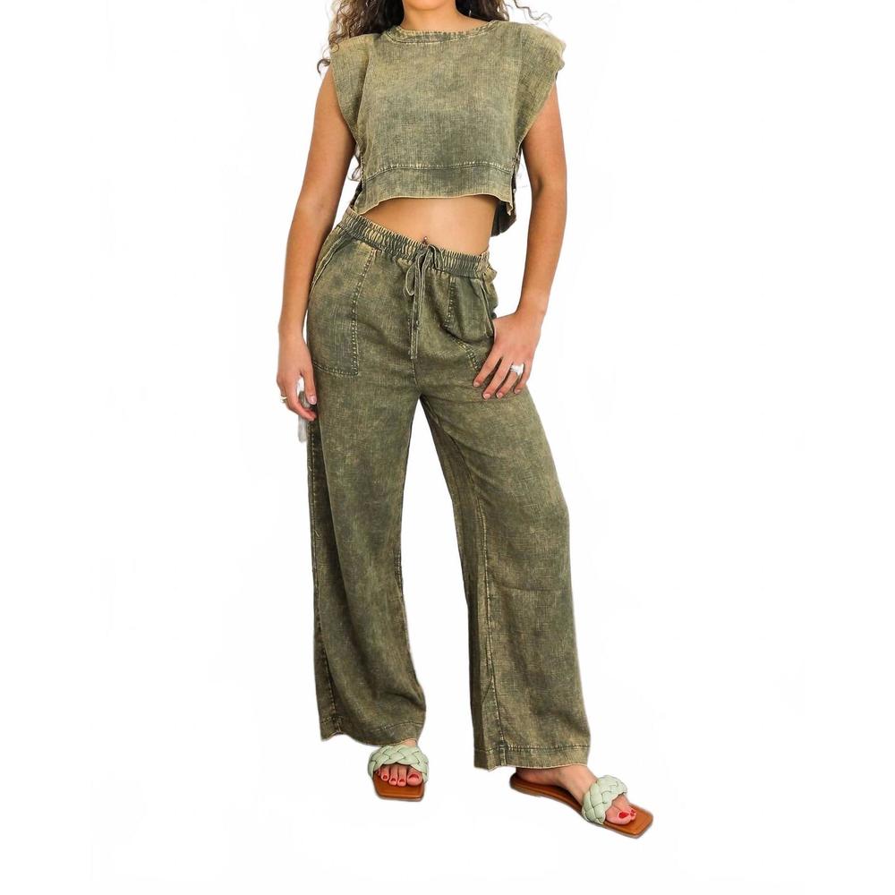 NEW SURELYMINE olive washed linen lounge set in olive